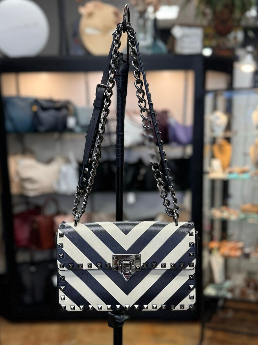 VALENTINO Garavani B-Rockstud Italy Chevron V-Stripe Vitello Leather Handbag